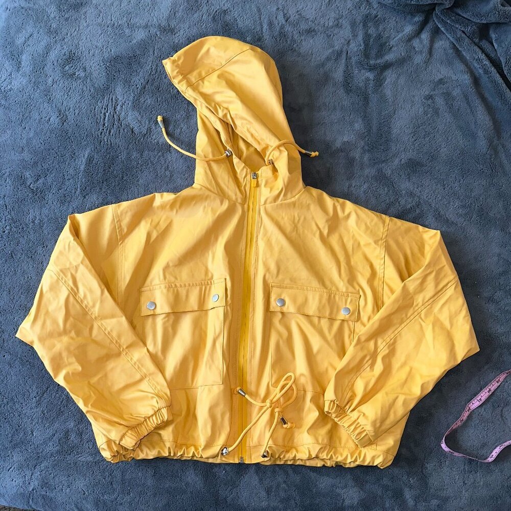 Yellow Cropped Zip Up Rain Jacket Hood Pockets Waterproof Wind Resistant